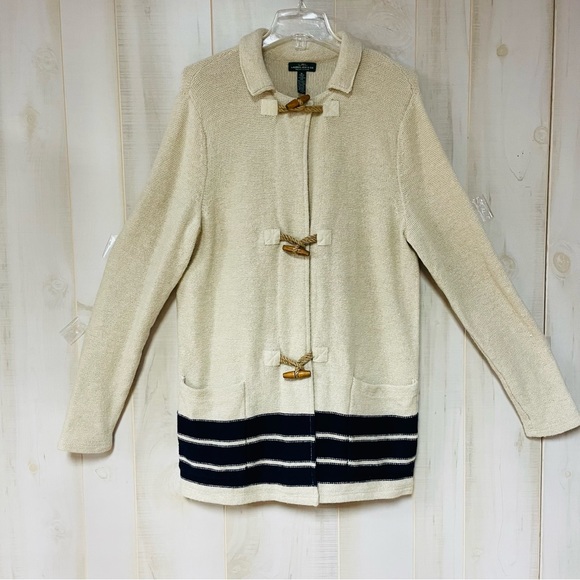 Lauren Ralph Lauren Sweaters - Lauren Jeans Co. Lambswool Cream Navy Stripe Knit Sweater Coat Sz XL wool